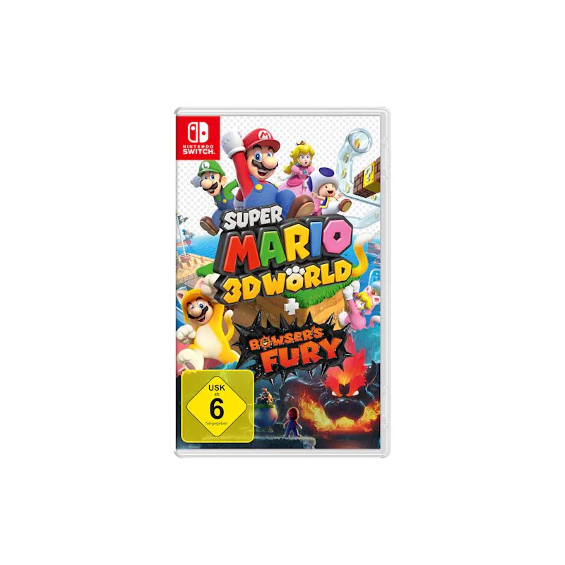 Nintendo Switch Cover: Super Mario 3D World + Bowsers Fury mit Mario und seinen Freunden auf dem Titelbild.