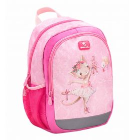 Rosa Kinder-Rucksack mit süßer Ballerina-Katze und seitlicher Mesh-Tasche.