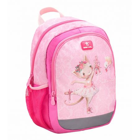 Rosa Kinder-Rucksack mit süßer Ballerina-Katze und seitlicher Mesh-Tasche.