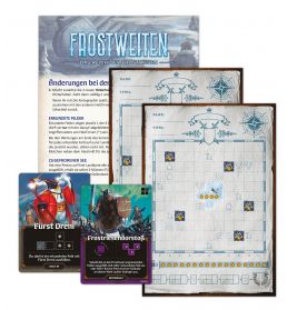 Spielmaterial für Frostweiten: Spielregel, Spielpläne und illustrierte Karten, alles auf Deutsch.