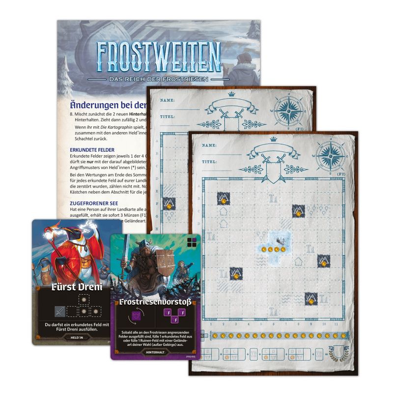 Spielmaterial für Frostweiten: Spielregel, Spielpläne und illustrierte Karten, alles auf Deutsch.