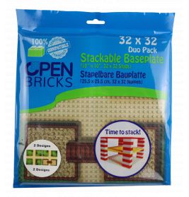 Blaues Open Bricks Paket mit zwei 32x32 Stapelgrundplatten, zeigt Designs und Produktdetails.