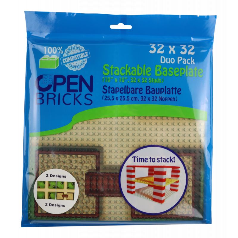 Blaues Open Bricks Paket mit zwei 32x32 Stapelgrundplatten, zeigt Designs und Produktdetails.