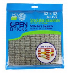 Blaue Verpackung mit Open Bricks 32x32 stapelbarer Grundplatte, Abbildung gestapelter Platten und Textinfos.