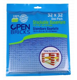 Blaue Verpackung der Open Bricks 32x32 Grundplatte für Bausteine mit Produktbild und Details.