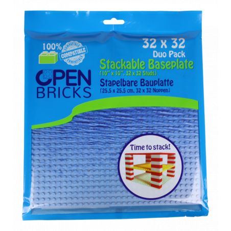Blaue Verpackung der Open Bricks 32x32 Grundplatte für Bausteine mit Produktbild und Details.