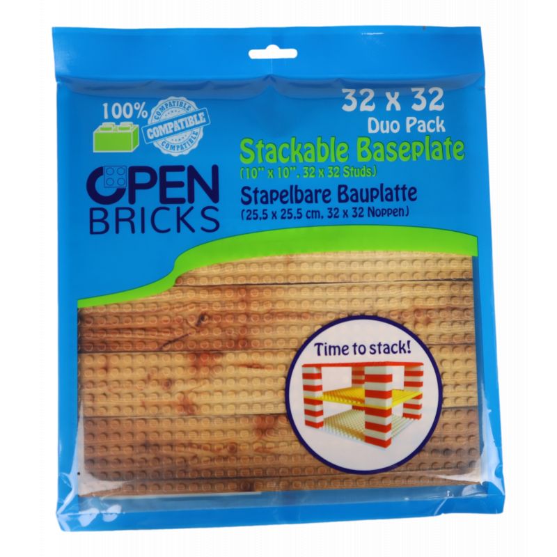 Blaue Open Bricks-Packung, 32x32 Grundplatte, abgebildet mit sandfarbener Platte und rot-weißen Steinen. Blaue Open Bricks-Packung, 32x32 Grundplatte, abgebildet mit sandfarbener Platte und rot-weißen Steinen.