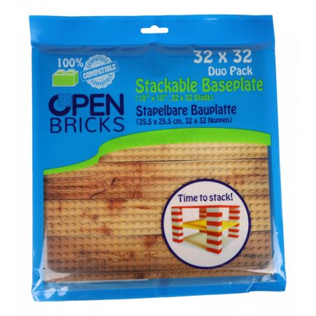 Blaue Open Bricks-Packung, 32x32 Grundplatte, abgebildet mit sandfarbener Platte und rot-weißen Steinen.