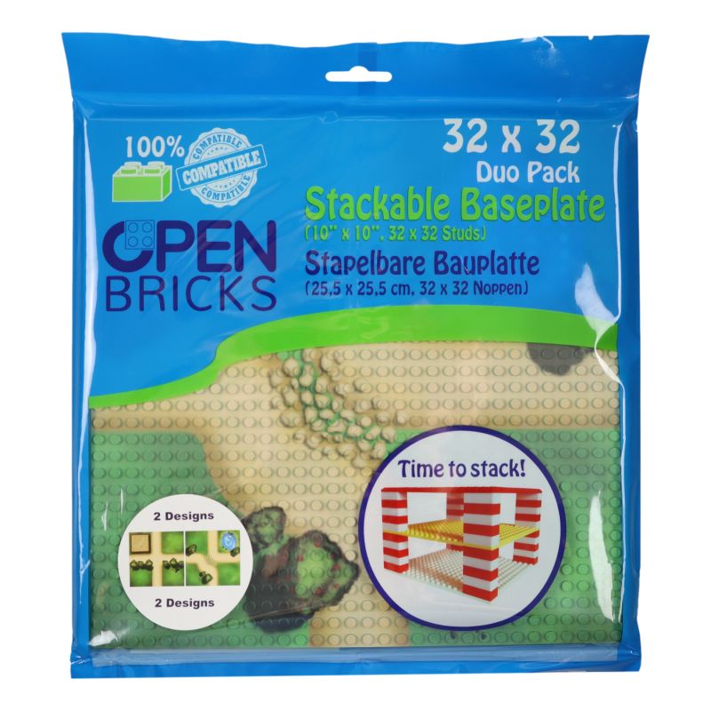 Blaue Verpackung einer Open Bricks Grundplatte, 32x32 Noppen, vorne mit Abbildungen von Gebäudedesigns.