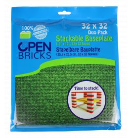 Blaue Open Bricks Basisplatte (32x32 Noppen), Abbildung einer grünen Platte mit Bauwerk auf der Verpackung.