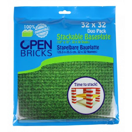 Blaue Open Bricks Basisplatte (32x32 Noppen), Abbildung einer grünen Platte mit Bauwerk auf der Verpackung.