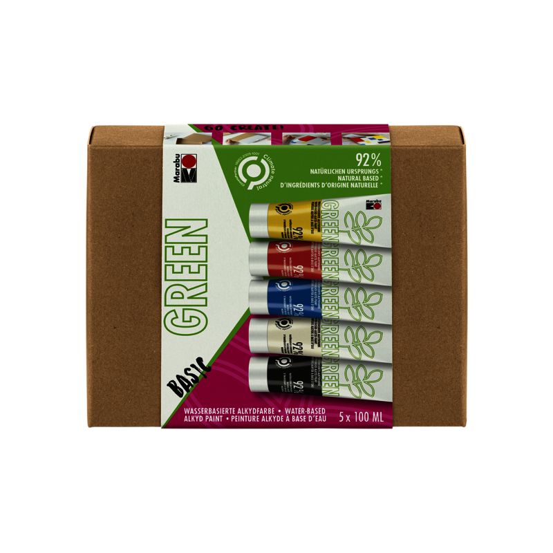 Marabu GREEN Basic Alkydfarben, wasserbasiert, Set mit 5 Tuben à 100 ml in verschiedenen Farben. Marabu GREEN Basic Alkydfarben, wasserbasiert, Set mit 5 Tuben à 100 ml in verschiedenen Farben.