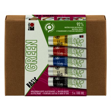 Marabu GREEN Basic Alkydfarben, wasserbasiert, Set mit 5 Tuben à 100 ml in verschiedenen Farben. Marabu GREEN Basic Alkydfarben, wasserbasiert, Set mit 5 Tuben à 100 ml in verschiedenen Farben.