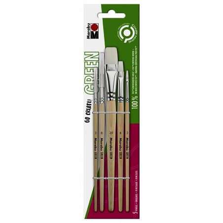 Fünf Marabu Green Pinsel mit Holzgriffen in umweltfreundlicher Verpackung. Fünf Marabu Green Pinsel mit Holzgriffen in umweltfreundlicher Verpackung.