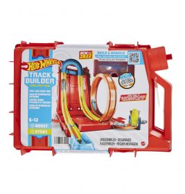 Hot Wheels Track Builder Set in rotem Tragekoffer mit abgebildeten Schienenteilen und Looping auf der Vorderseite.