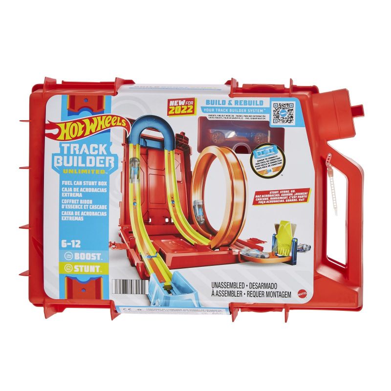 Hot Wheels Track Builder Set in rotem Tragekoffer mit abgebildeten Schienenteilen und Looping auf der Vorderseite.