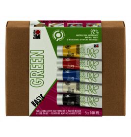 Fünf Marabu GREEN Farben in brauner Kartonbox, wasserbasiert und umweltfreundlich gekennzeichnet.