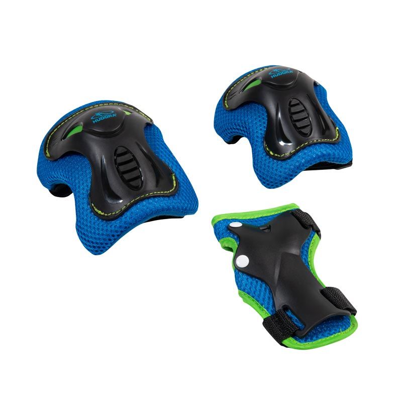 Blau-schwarzes Protektoren-Set: zwei Knie- oder Ellbogenschoner und ein Handgelenkschoner.