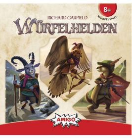Boxcover von Würfelhelden mit tierischen Helden in Fantasiekostümen, geeignet ab 8 Jahren.