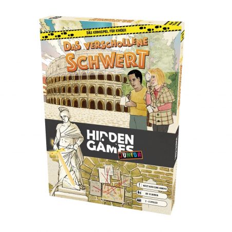 Box of Hidden Games Junior: Das verschollene Schwert mit gezeichneten Kindern und römischem Kolosseum auf dem Cover. Box of Hidden Games Junior: Das verschollene Schwert mit gezeichneten Kindern und römischem Kolosseum auf dem Cover.