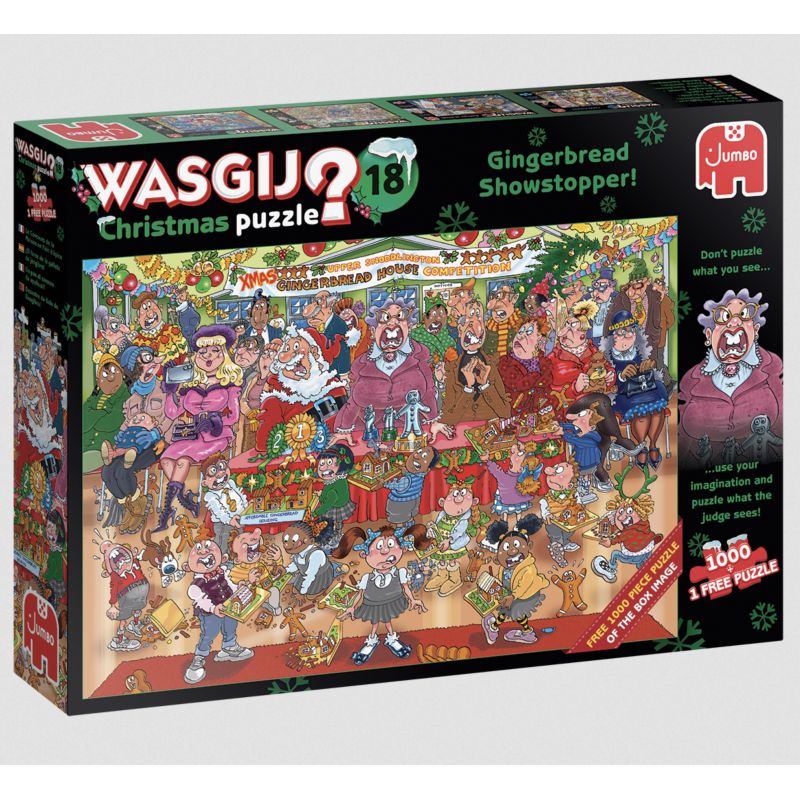 Box eines Wasgij-Weihnachtspuzzles mit bunter Cartoon-Szene eines Lebkuchen-Wettbewerbs und vielen Figuren. Box eines Wasgij-Weihnachtspuzzles mit bunter Cartoon-Szene eines Lebkuchen-Wettbewerbs und vielen Figuren.