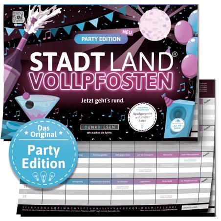 Buntes Stadt Land Vollpfosten Partyspiel-Block mit Dekorationen und abgebildetem Muster-Spielblatt.