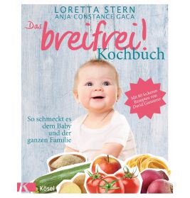 Lächelndes Baby mit Obst und Gemüse auf dem Cover des deutschen Kochbuchs Das breifrei! Kochbuch.