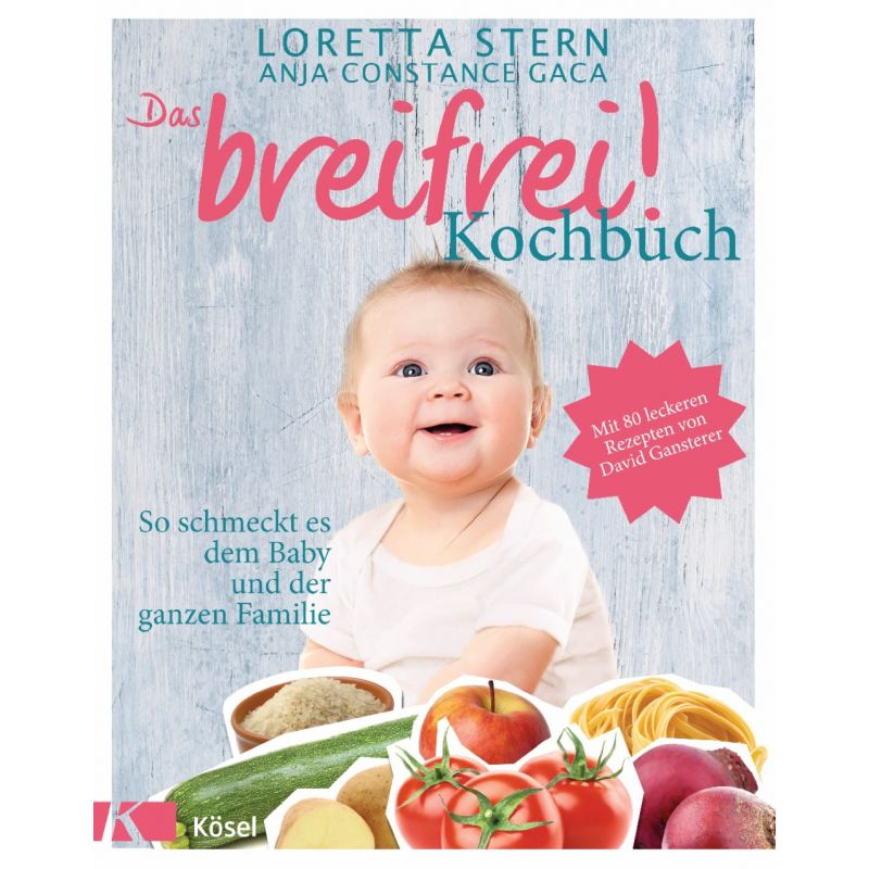 Lächelndes Baby mit Obst und Gemüse auf dem Cover des deutschen Kochbuchs Das breifrei! Kochbuch.