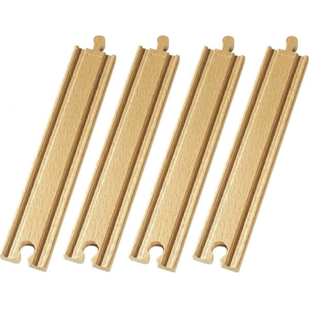 Vier Holzschienen für eine Spielzeugeisenbahn liegen nebeneinander auf weißem Hintergrund.