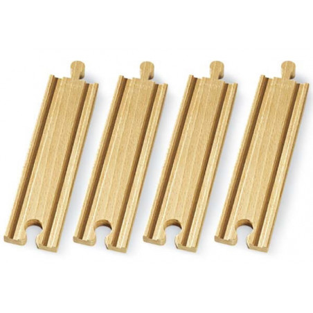 Vier Holzeisenbahnschienen liegen nebeneinander auf weißem Hintergrund.