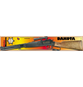 Spielzeug-Gewehr mit holzähnlichem Schaft in orange-gelber Dakota-Verpackung.