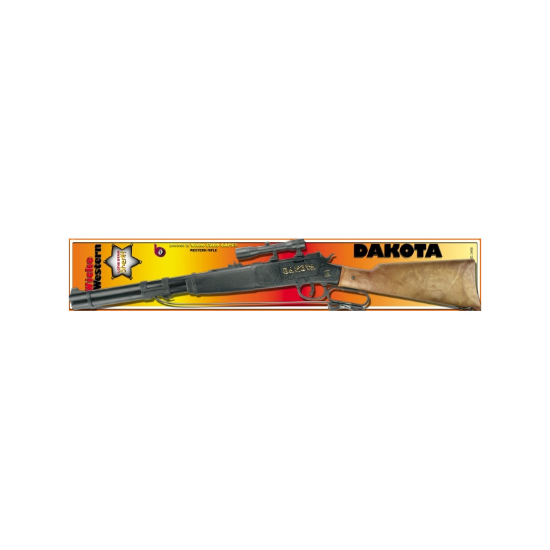 Spielzeug-Gewehr mit holzähnlichem Schaft in orange-gelber Dakota-Verpackung. Spielzeug-Gewehr mit holzähnlichem Schaft in orange-gelber Dakota-Verpackung.