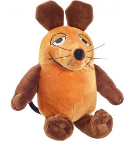 Stoffmaus mit braunen Ohren, Armen und Beinen, orangefarbenem Körper und besticktem Gesicht mit schwarzen Schnurrhaaren.