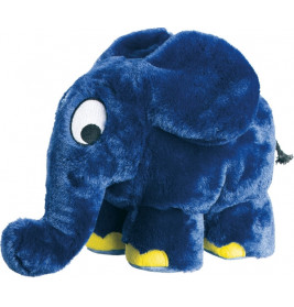 Blauer Plüschelefant mit gelben Füßen, großen Augen und verspieltem, cartoonhaftem Look vor weißem Hintergrund.