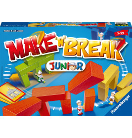 Make n Break Junior Spielschachtel mit bunten Holzbausteinen und Comic-Bauarbeitern auf blauem Hintergrund.