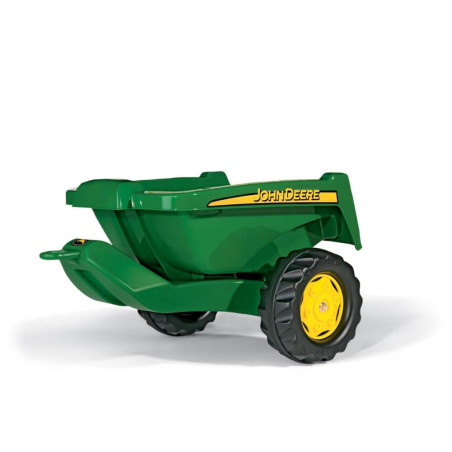 Grüner John Deere Spielzeuganhänger mit gelben Rädern für Kinder vor weißem Hintergrund.