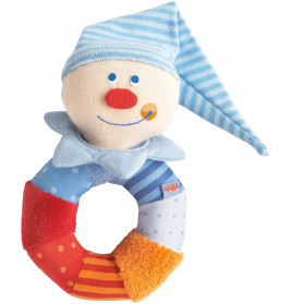 Weiche Babyrassel in Clownform mit gestreifter Mütze und buntem Ringkörper in verschiedenen Mustern.