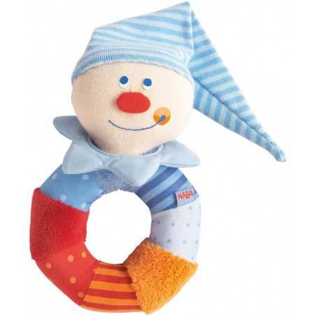 Weiche Babyrassel in Clownform mit gestreifter Mütze und buntem Ringkörper in verschiedenen Mustern.
