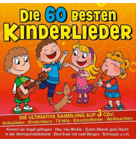 Vier gezeichnete Kinder singen und musizieren auf einem leuchtend orangenen Cover für deutsche Kinderlieder.