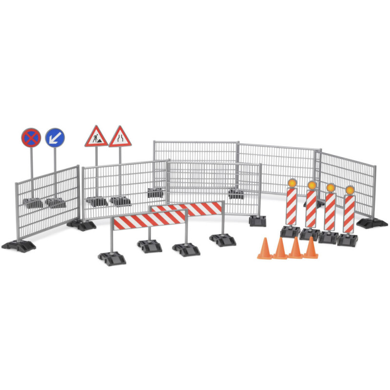 Verschiedene Baustellenabsperrungen, Warnschilder und Leitkegel sind in Reihen auf weißem Hintergrund angeordnet. Verschiedene Baustellenabsperrungen, Warnschilder und Leitkegel sind in Reihen auf weißem Hintergrund angeordnet.