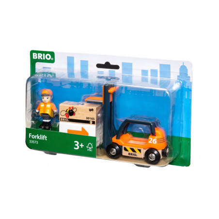 BRIO Gabelstapler-Set in Verpackung mit Hefter, Kiste und Figur, geeignet für Kinder ab 3 Jahren.