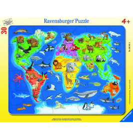 Ravensburger 66414  Rahmepuzzle Weltkarte mit Tieren 30 Teile