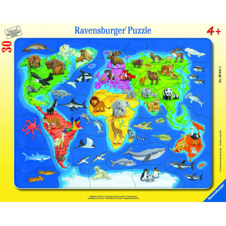 Ravensburger 66414  Rahmepuzzle Weltkarte mit Tieren 30 Teile