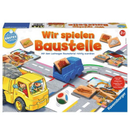 Box des Spiels Wir spielen Baustelle mit Baufahrzeugen, Baumaterialien und farbenfrohem Spielaufbau.