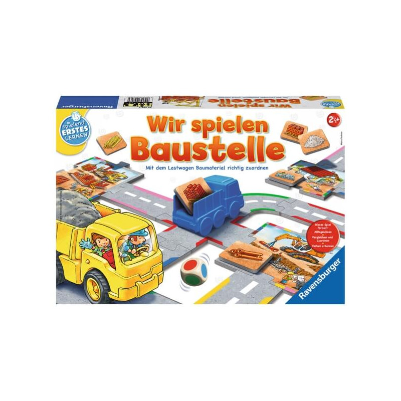 Box des Spiels Wir spielen Baustelle mit Baufahrzeugen, Baumaterialien und farbenfrohem Spielaufbau.