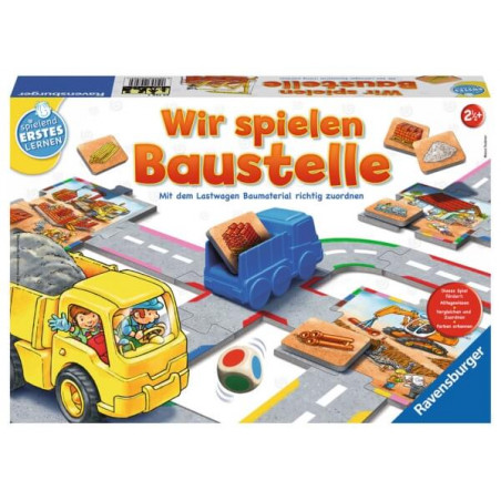 Box des Spiels Wir spielen Baustelle mit Baufahrzeugen, Baumaterialien und farbenfrohem Spielaufbau.