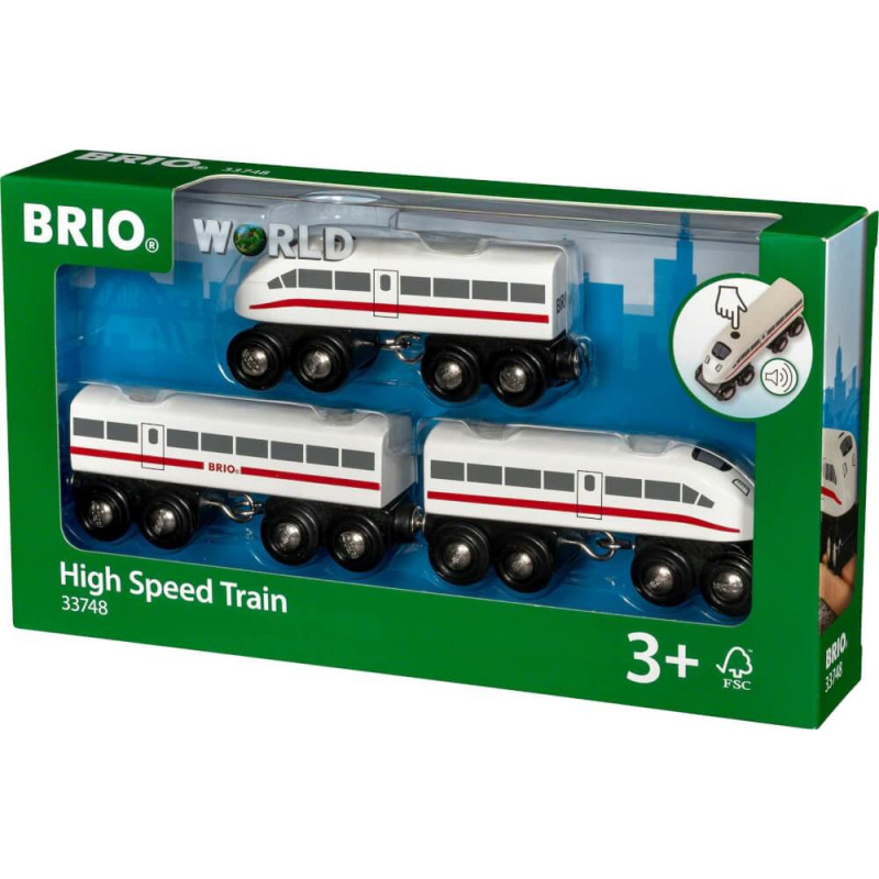 BRIO High Speed Train Set im Karton, ab 3 Jahren, mit drei weißen Zugwaggons. BRIO High Speed Train Set im Karton, ab 3 Jahren, mit drei weißen Zugwaggons.