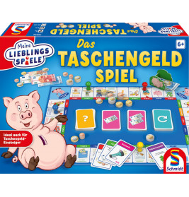 Das Taschengeld Spiel: Brettspiel mit Schwein-Illustration, bunten Karten, Münzen und Spielfiguren.