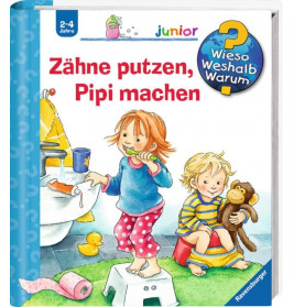 Zwei Kinder im Badezimmer: Eines putzt Zähne, das andere hält ein Stofftier.