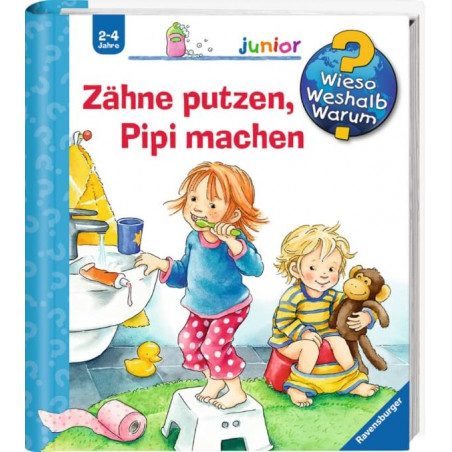 Zwei Kinder im Badezimmer: Eines putzt Zähne, das andere hält ein Stofftier.